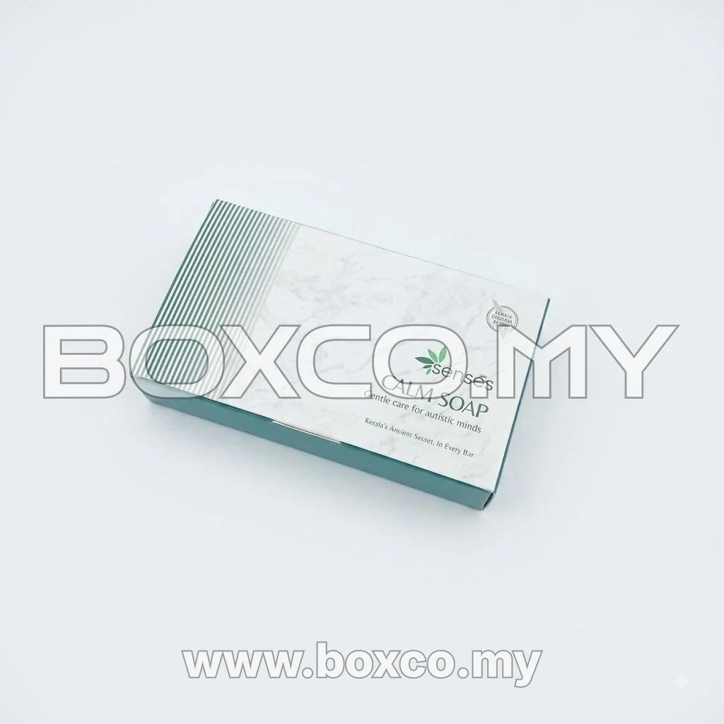 Closed Calm Soap box with white marble-style artwork and green striped detail