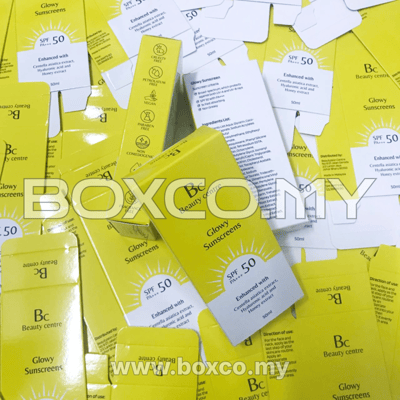 Cetak kotak skincare sunscreen yellow custom box printing malaysia by BOXCO Malaysia